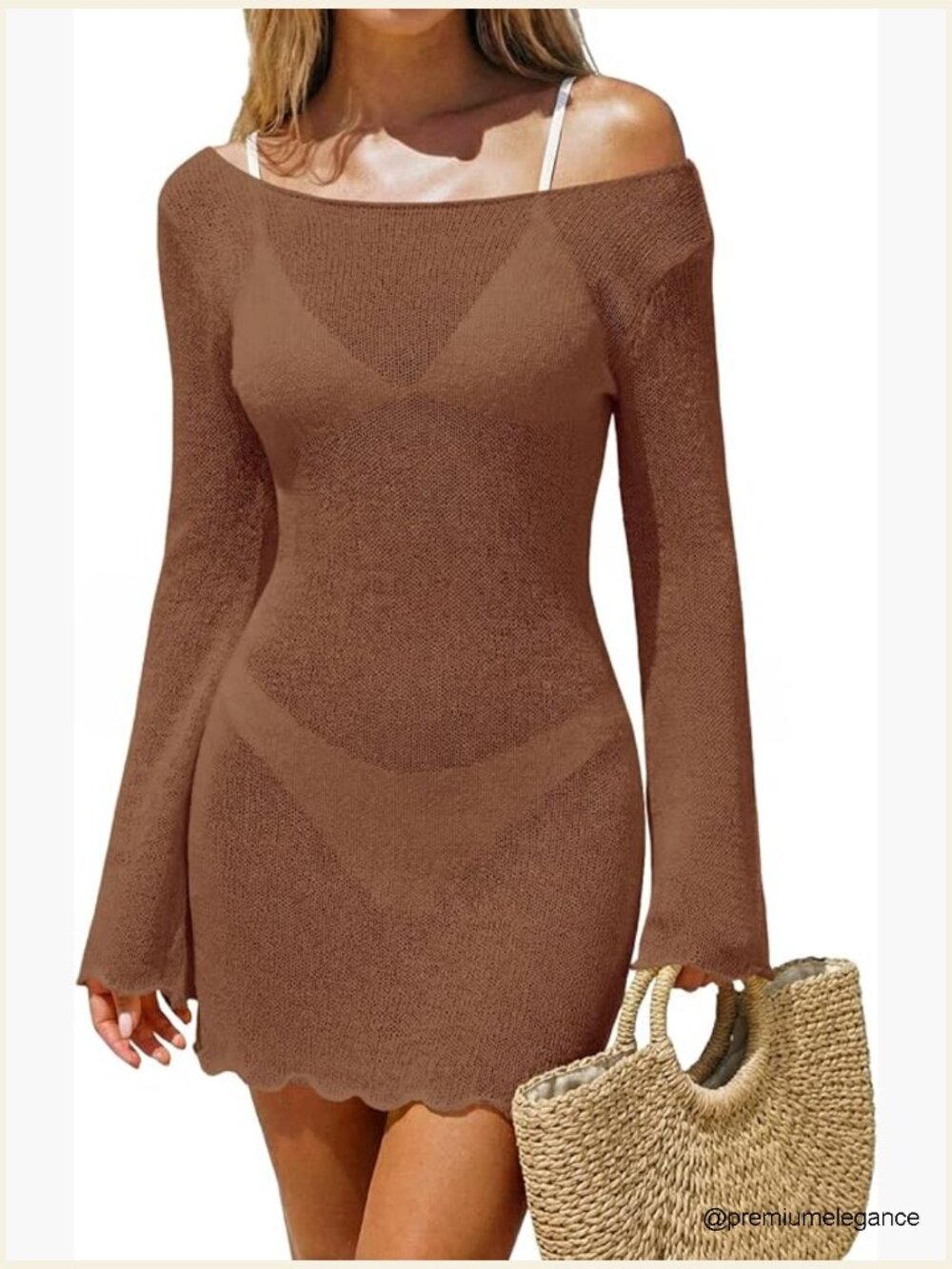 Long Sleeve Sheer Mesh Knit Mini Dress Backless Tie Beach Cover Up